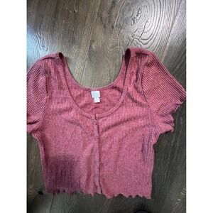Colsie Ribbed Knit Top Button Front Cropped Tee Casual Everyday Wear M